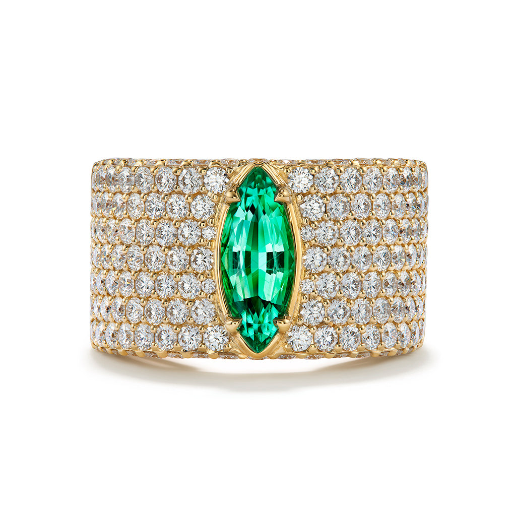 No Oil Russian Emerald Ring with D Flawless Diamonds set in 18K Yellow Gold