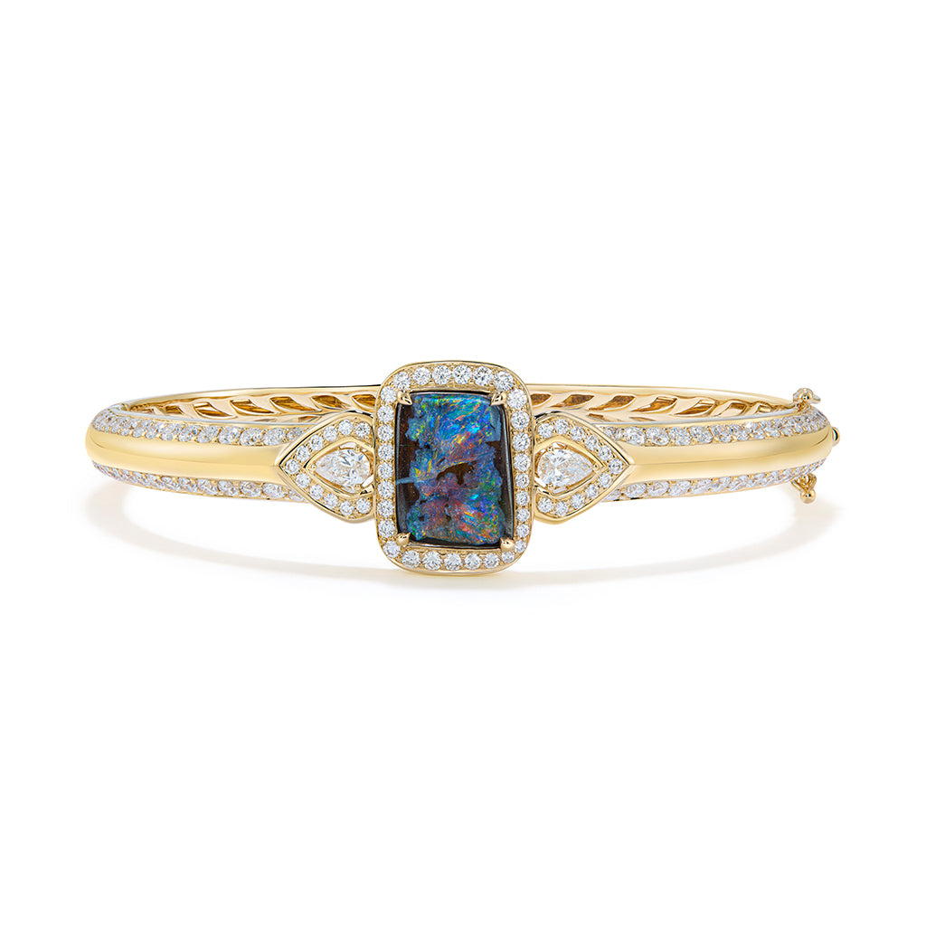 Lightning Ridge Black Boulder Opal Bangle with D Flawless Diamonds set in 18K Yellow Gold