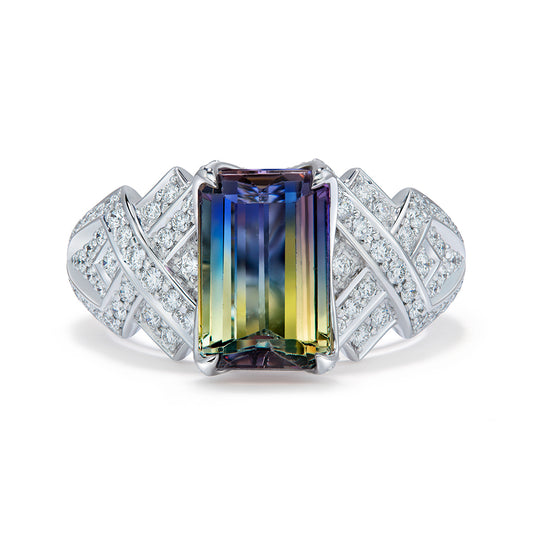 Unheated Bi Color Tanzanite Ring with D Flawless Diamonds set in 18K White Gold