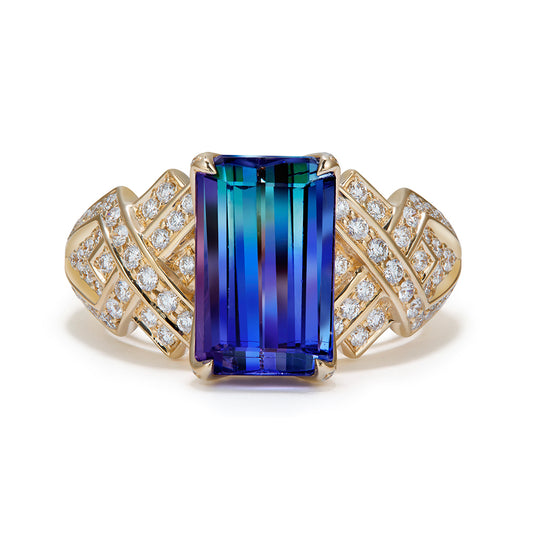 Unheated Bi Color Tanzanite Ring with D Flawless Diamonds set in 18K Yellow Gold