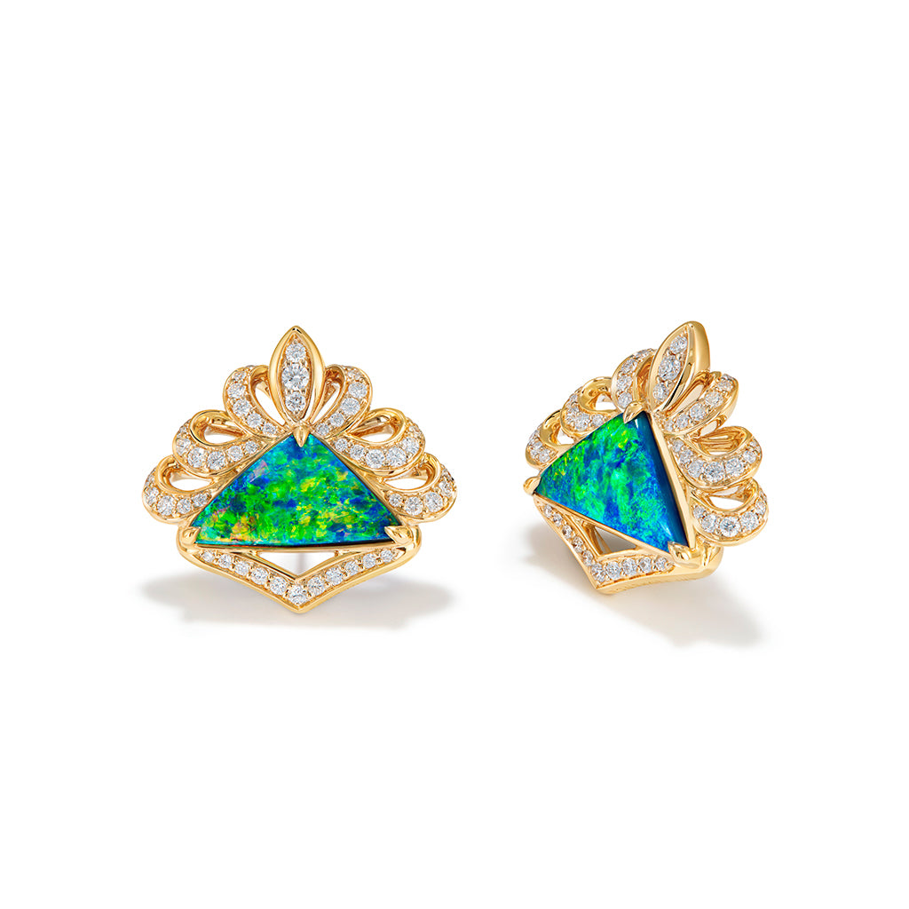 Lightning Ridge Black Opal Earrings with D Flawless Diamonds set in 18K Yellow Gold