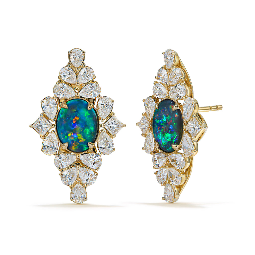 Lightning Ridge Black Boulder Opal Earrings with D Flawless Diamonds set in 18K Yellow Gold