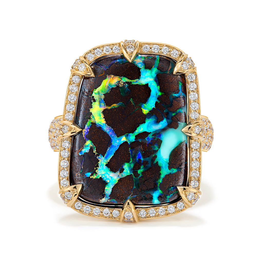 Lightning Ridge Black Boulder Opal Ring with D Flawless Diamonds set in 18K Yellow Gold