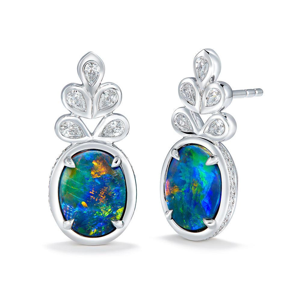 Lightning Ridge Black Opal Earrings with D Flawless Diamonds set in 18K White Gold