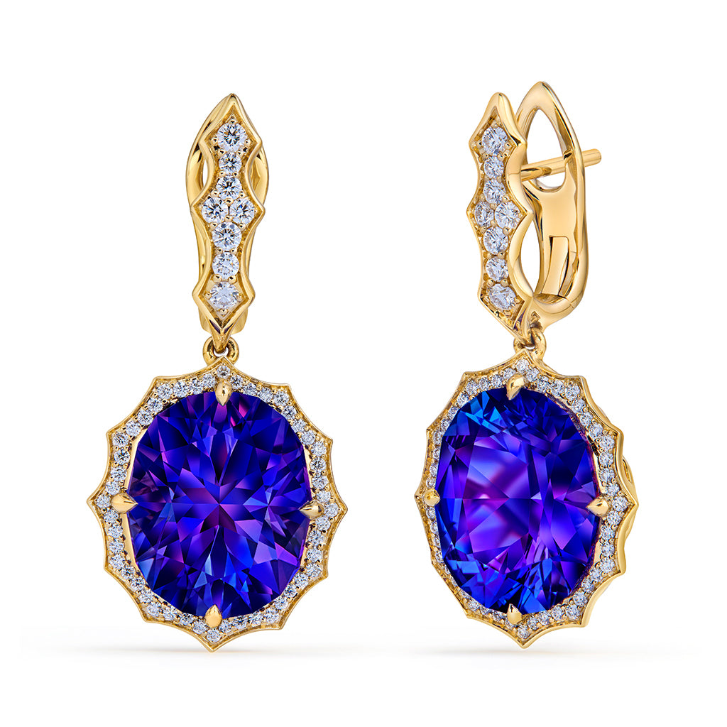 Tanzanite Earrings with D Flawless Diamonds set in 18K Yellow Gold