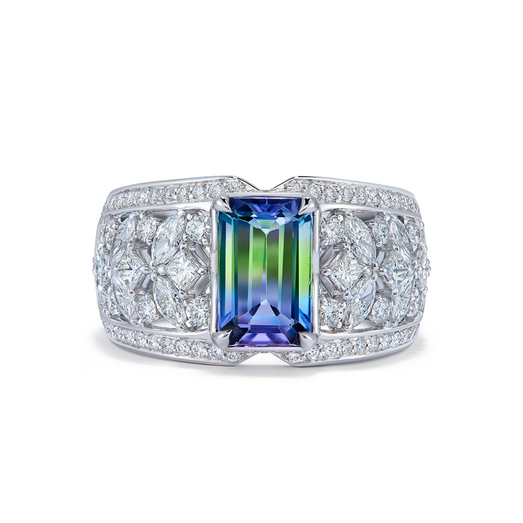 Unheated Bi Color Tanzanite Ring with D Flawless Diamonds set in 18K White Gold