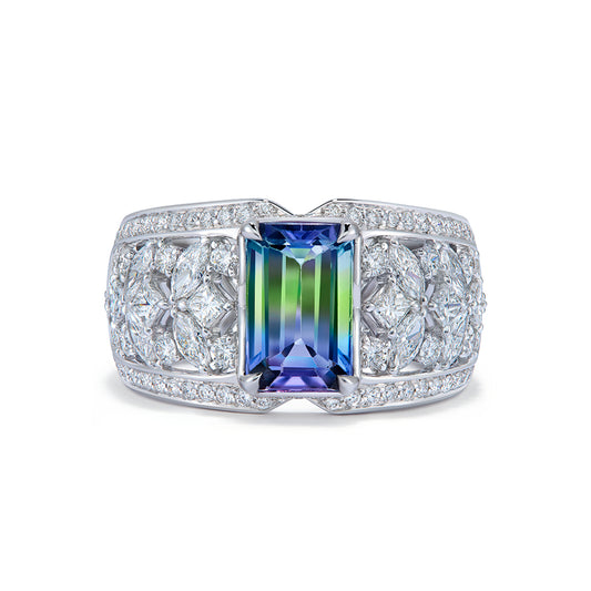 Unheated Bi Color Tanzanite Ring with D Flawless Diamonds set in 18K White Gold