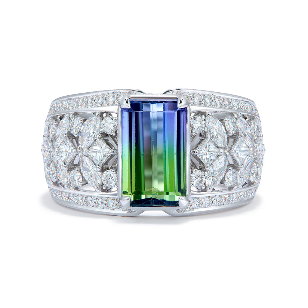 Unheated Bi Color Tanzanite Ring with D Flawless Diamonds set in 18K White Gold