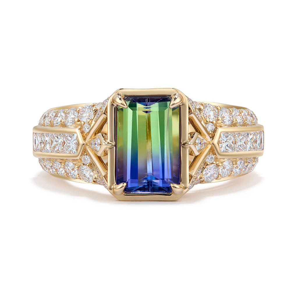 Unheated Bi Color Tanzanite Ring with D Flawless Diamonds set in 18K Yellow Gold