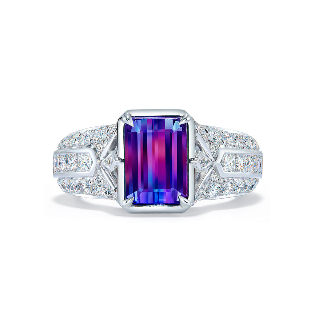 Unheated Bi Color Tanzanite Ring with D Flawless Diamonds set in 18K White Gold