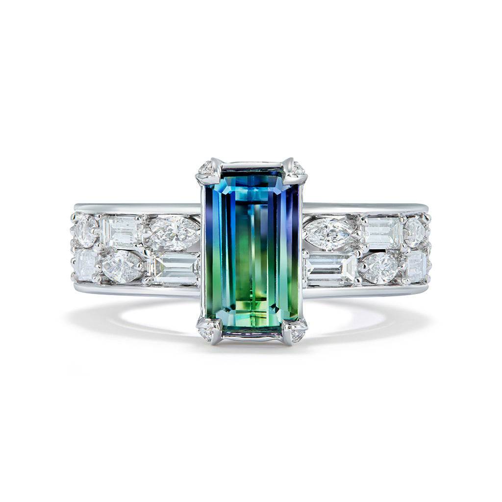 Unheated Bi Color Tanzanite Ring with D Flawless Diamonds set in 18K White Gold