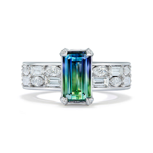Unheated Bi Color Tanzanite Ring with D Flawless Diamonds set in 18K White Gold