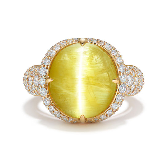 Neon Cats Eye Danburite Ring with D Flawless Diamonds set in 18K Yellow Gold