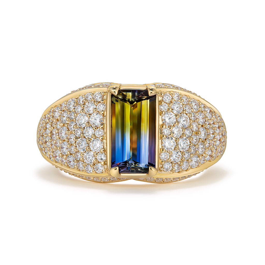 Bi Color Tanzanite Ring with D Flawless Diamonds set in 18K Yellow Gold