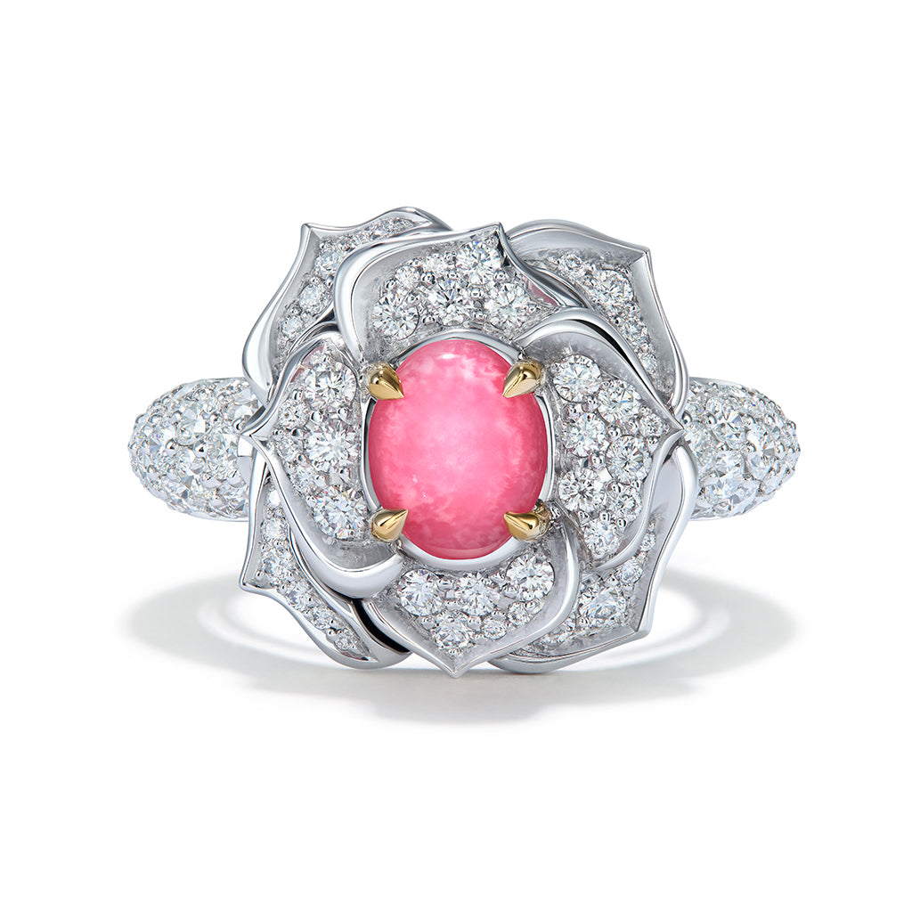 Natural Flamingo Gem Conch Pearl Ring with D Flawless Diamonds set in 18K White Gold