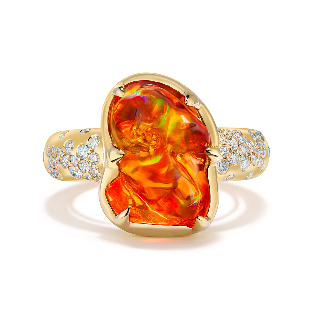 Free Form Mexican Opal Ring with D Flawless Diamonds set in 18K Yellow Gold