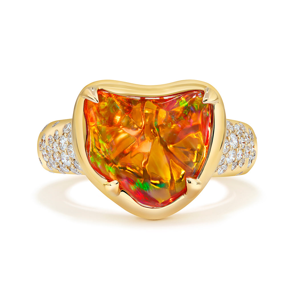 Free Form Mexican Opal Ring with D Flawless Diamonds set in 18K Yellow Gold