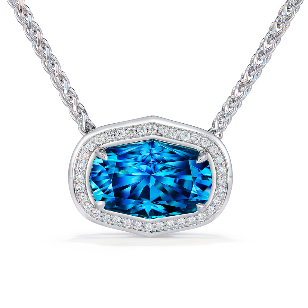 Blue Zircon Necklace with D Flawless Diamonds set in 18K White Gold