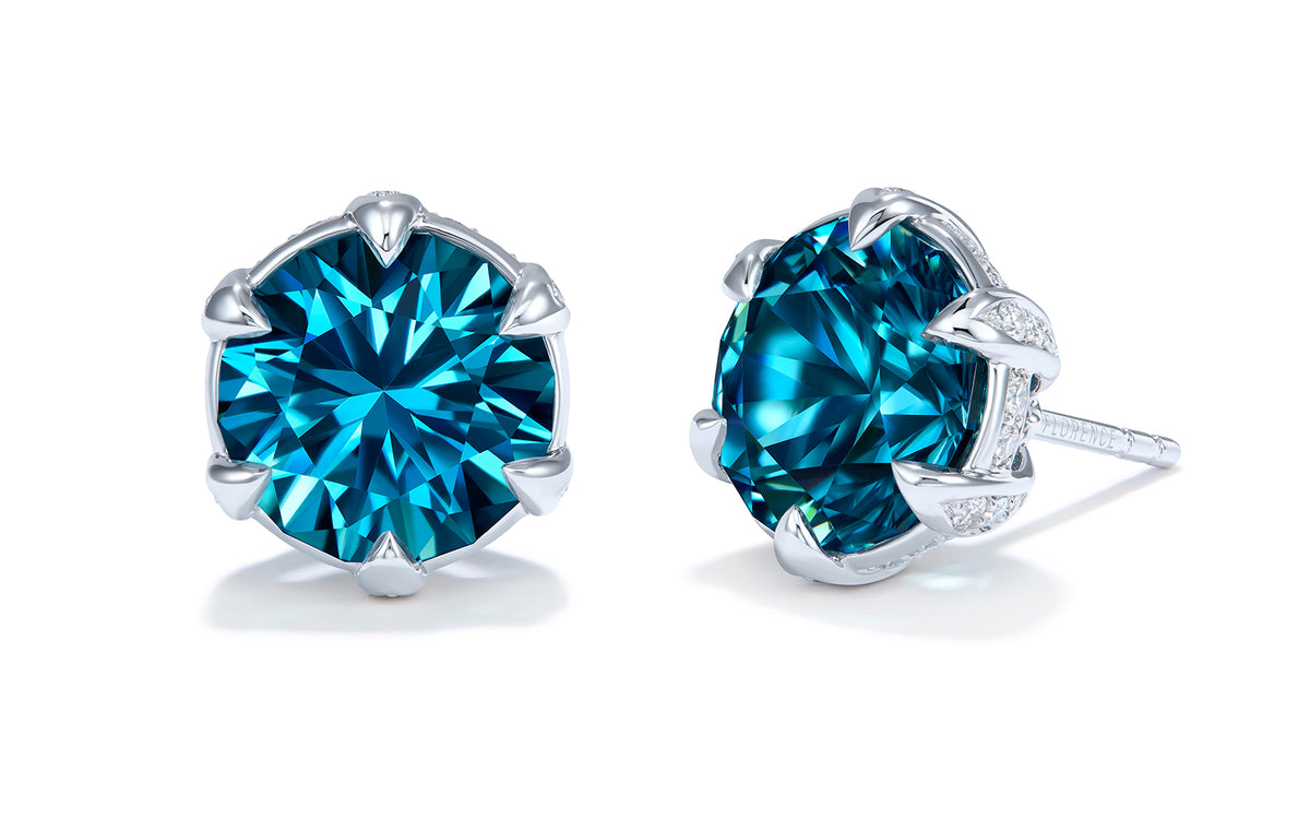 Blue Zircon Earrings with D Flawless Diamonds set in 18K White Gold
