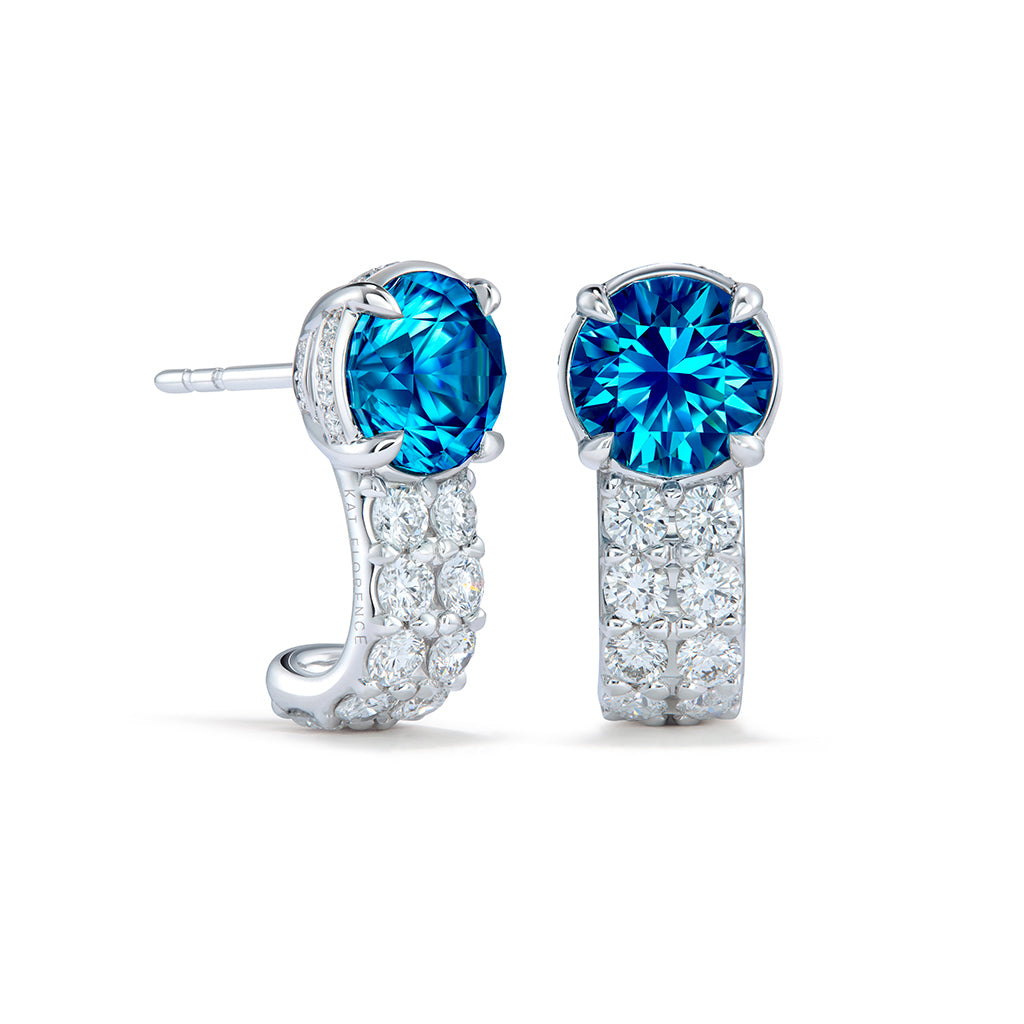 Blue Zircon Earrings with D Flawless Diamonds set in 18K White Gold