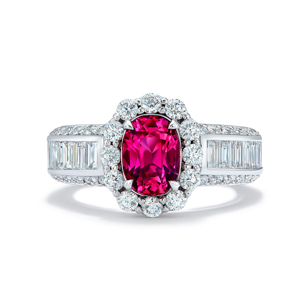 Neon Unheated Jedi Ruby Ring with D Flawless Diamonds set in 18K White Gold