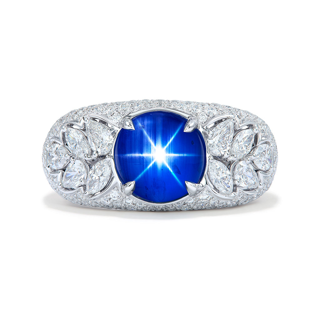 Unheated Mogok Burma Star Sapphire Ring with D Flawless Diamonds set in 18K White Gold