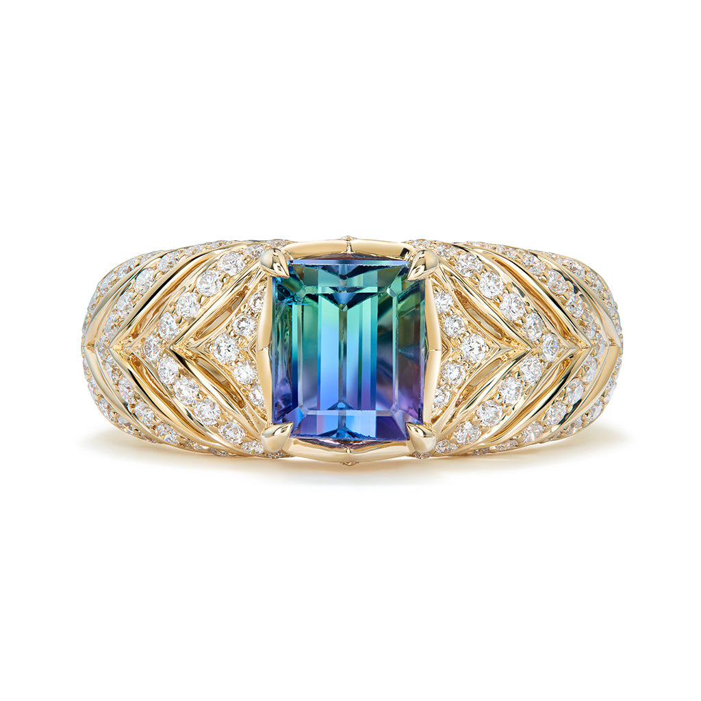 Unheated Bi Color Tanzanite Ring with D Flawless Diamonds set in 18K Yellow Gold