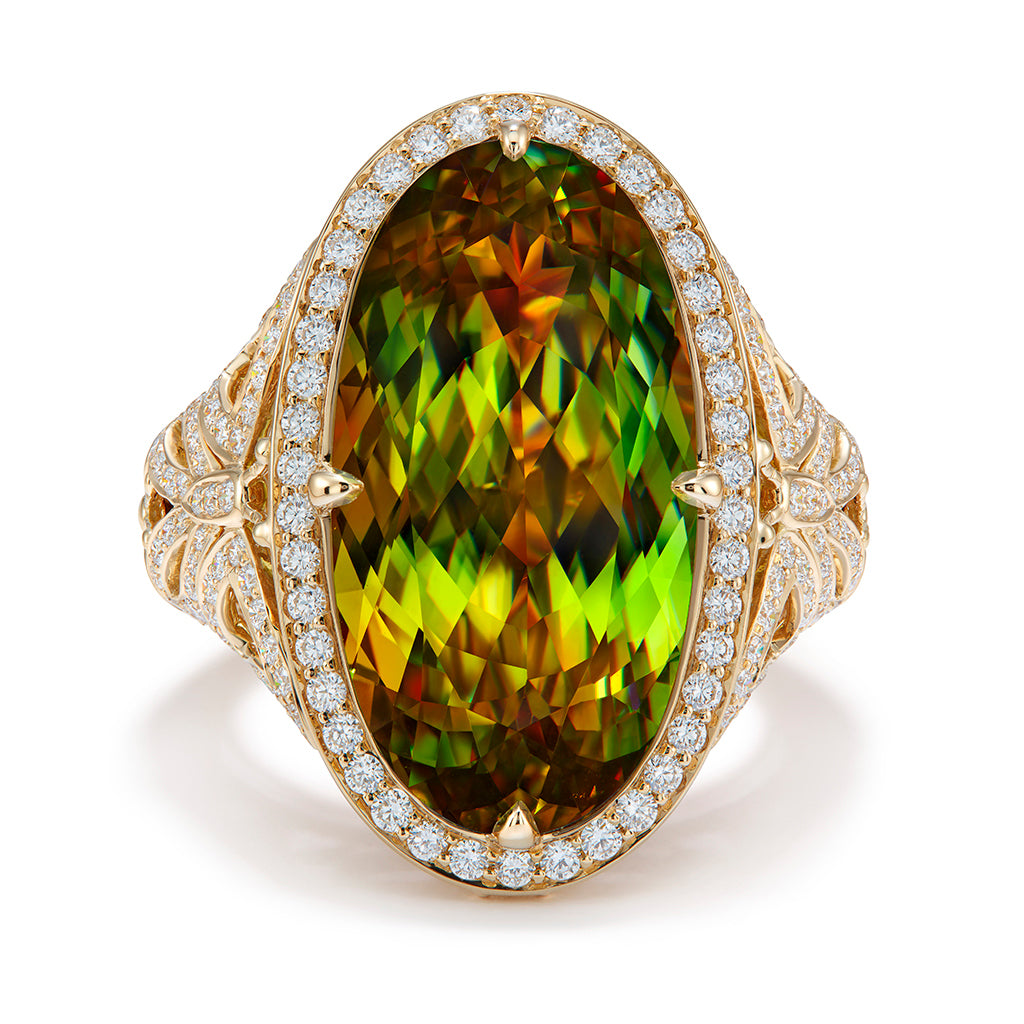 Russian Sphene Ring with D Flawless Diamonds set in 18K Yellow Gold
