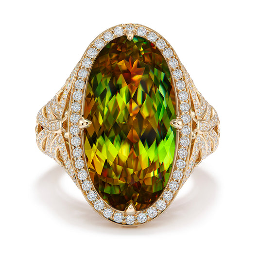 Russian Sphene Ring with D Flawless Diamonds set in 18K Yellow Gold