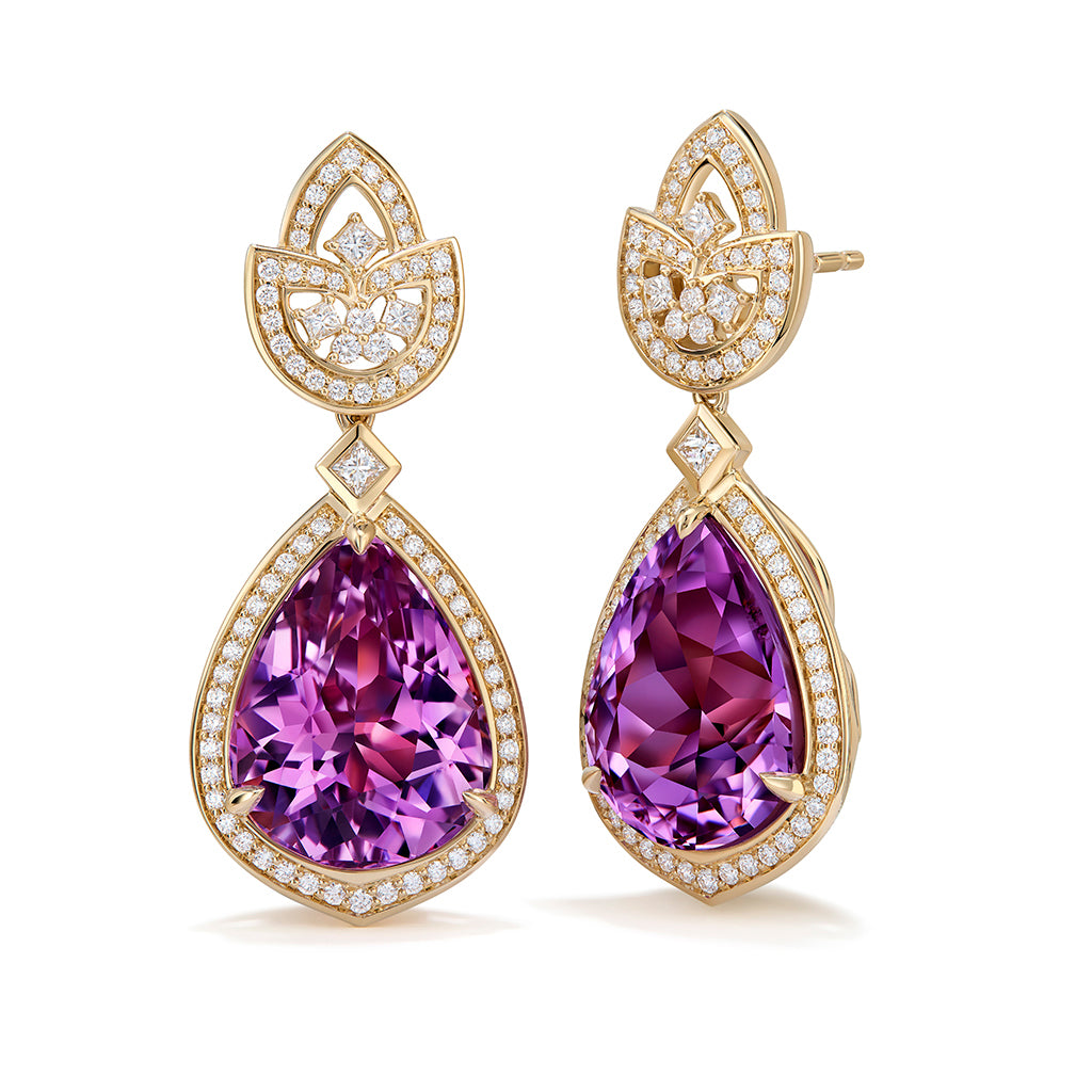 Patroke Kunzite Earrings with D Flawless Diamonds set in 18K Yellow Gold