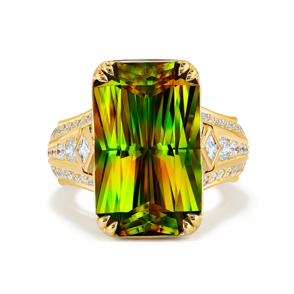 Madagascar Sphene Ring with D Flawless Diamonds set in 18K Yellow Gold