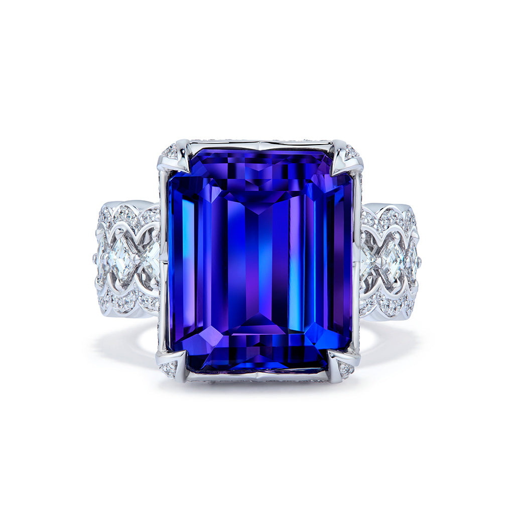 Unheated Vivid Blue Tanzanite Ring with D Flawless Diamonds set in 18K White Gold