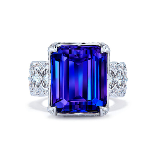 Unheated Vivid Blue Tanzanite Ring with D Flawless Diamonds set in 18K White Gold