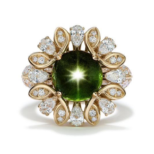 Record Historical 6 Ray Star Zabargad Peridot Ring with D Flawless Diamonds set in 18K Yellow Gold