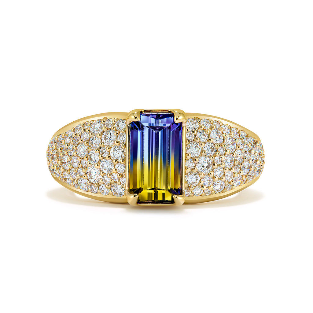 Bi Color Tanzanite Ring with D Flawless Diamonds set in 18K Yellow Gold