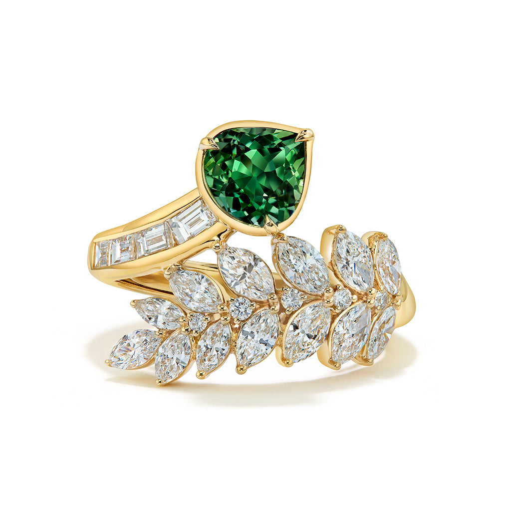 Green Tanzanite Ring with D Flawless Diamonds set in 18K Yellow Gold