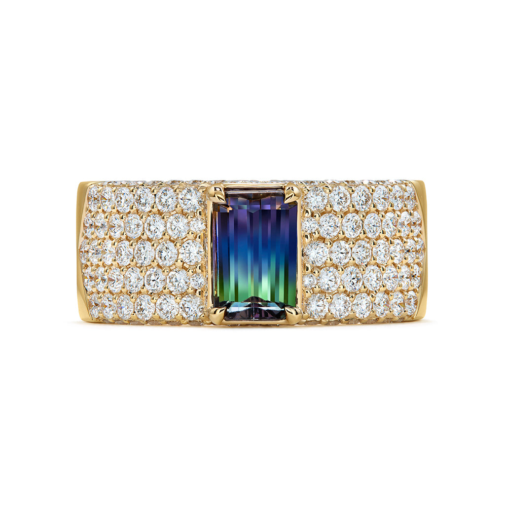 Unheated Bi Color Tanzanite Ring with D Flawless Diamonds set in 18K Yellow Gold