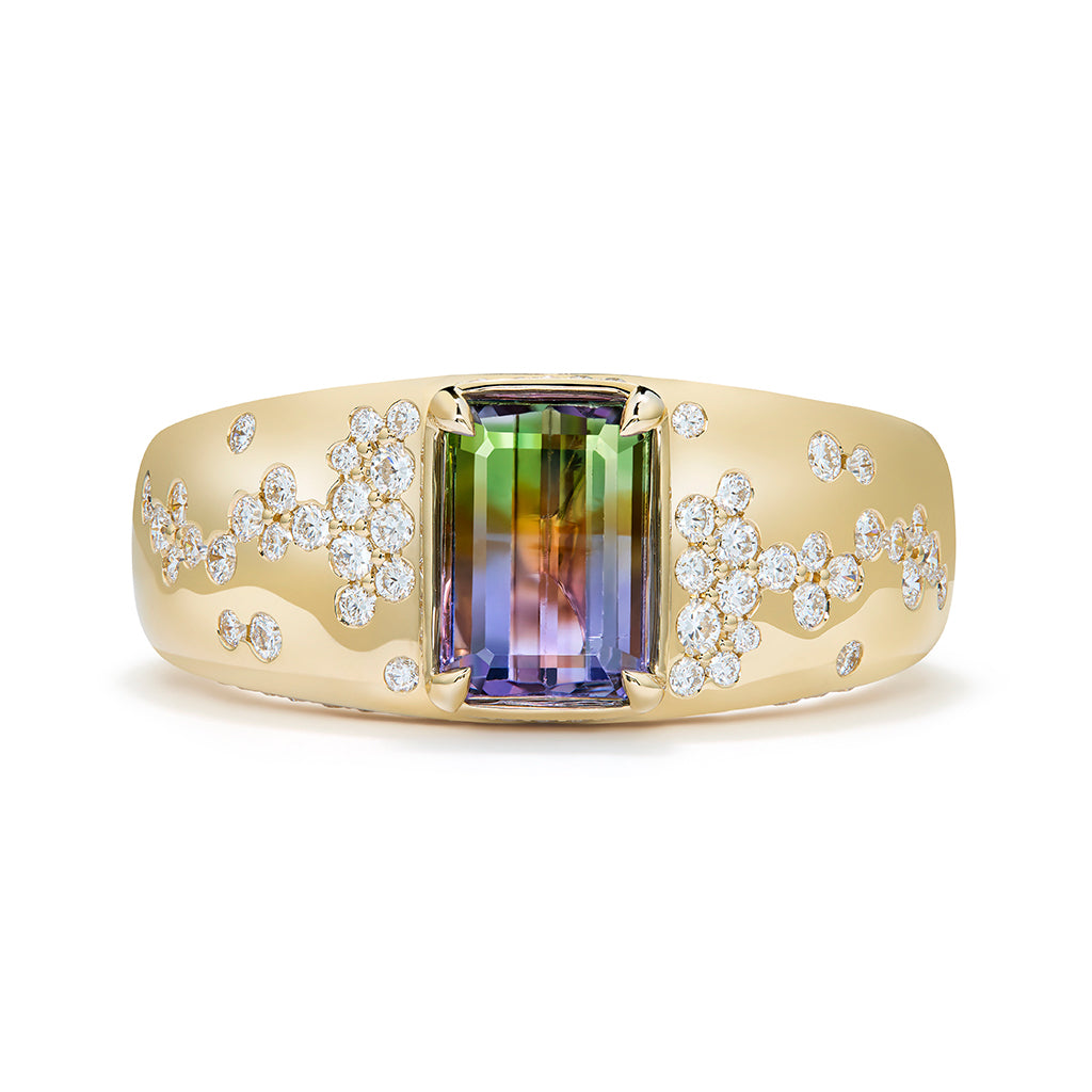 Bi Color Tanzanite Ring with D Flawless Diamonds set in 18K Yellow Gold