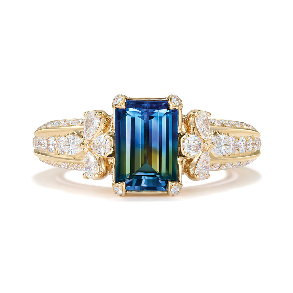 Bi Color Tanzanite Ring with D Flawless Diamonds set in 18K Yellow Gold