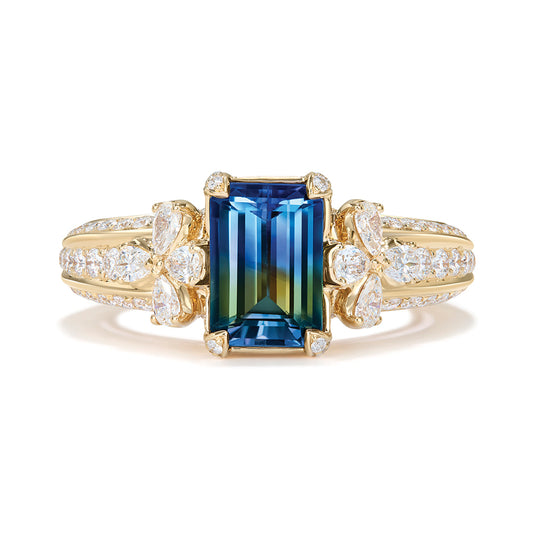 Bi Color Tanzanite Ring with D Flawless Diamonds set in 18K Yellow Gold