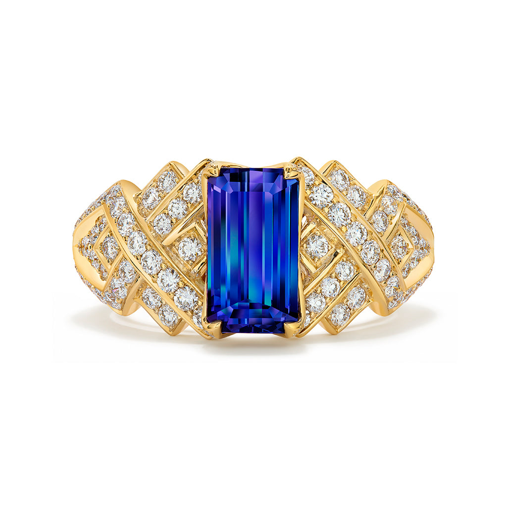 Unheated Bi Color Tanzanite Ring with D Flawless Diamonds set in 18K Yellow Gold