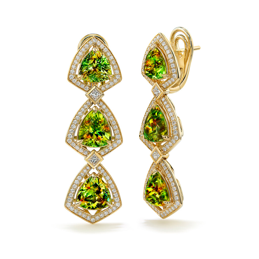 Russian Sphene Earrings with D Flawless Diamonds set in 18K Yellow Gold