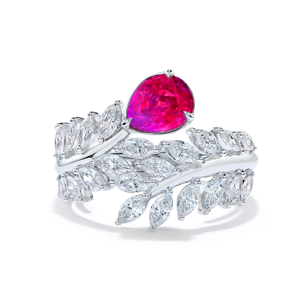 Unheated Burmese Mogok Magenta Ruby Ring with D Flawless Diamonds set in 18K White Gold