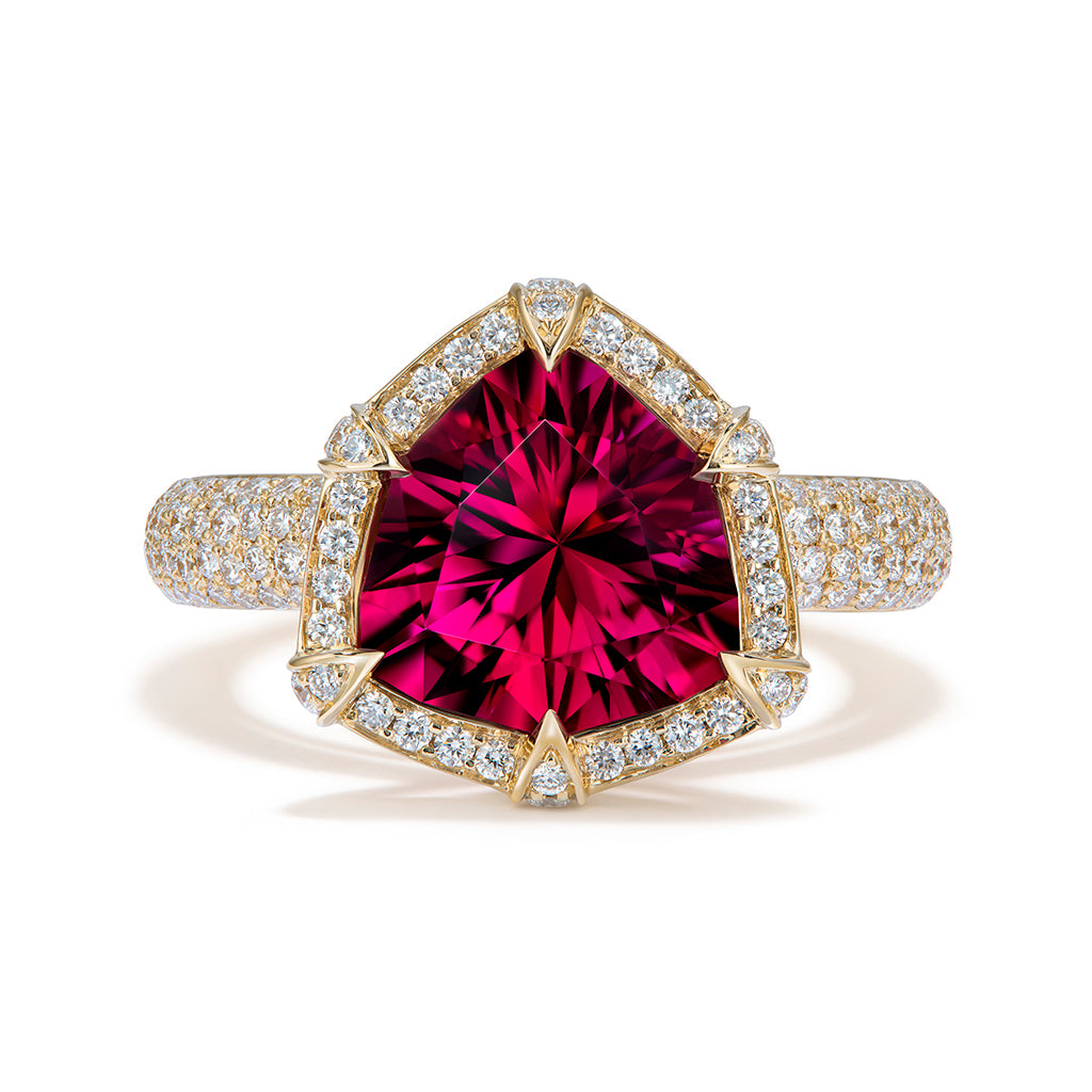 Ibadan Rubellite Ring with D Flawless Diamonds set in 18K Yellow Gold