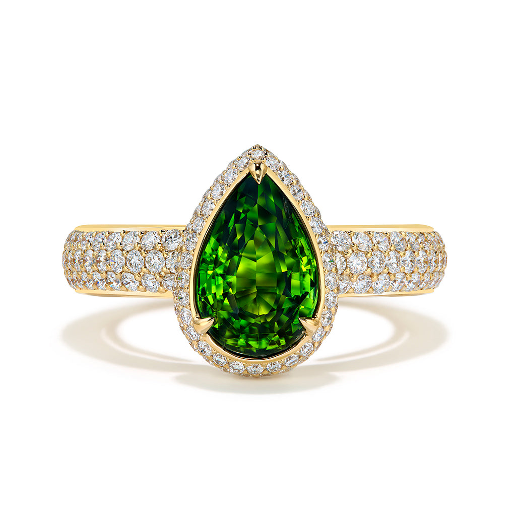 Unheated Green Zircon Ring with D Flawless Diamonds set in 18K Yellow Gold