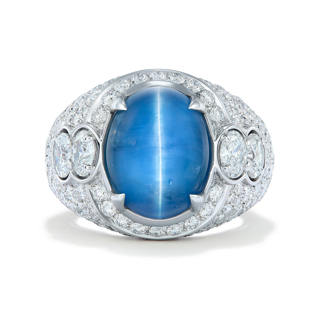 Unheated Ceylon Blue Cat's Eye Sapphire Ring with D Flawless Diamonds set in 18K White Gold