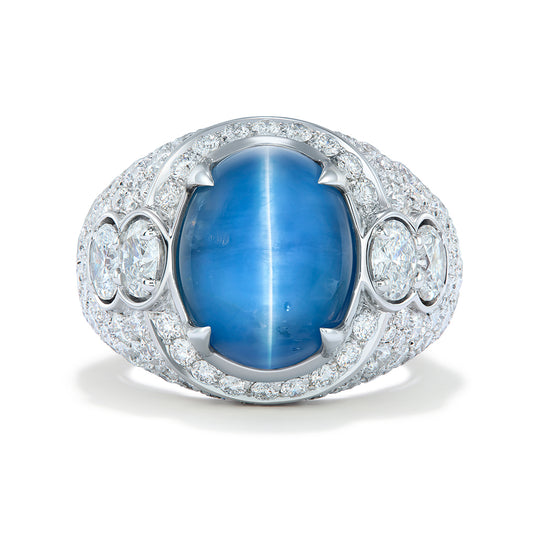Unheated Ceylon Blue Cat's Eye Sapphire Ring with D Flawless Diamonds set in 18K White Gold