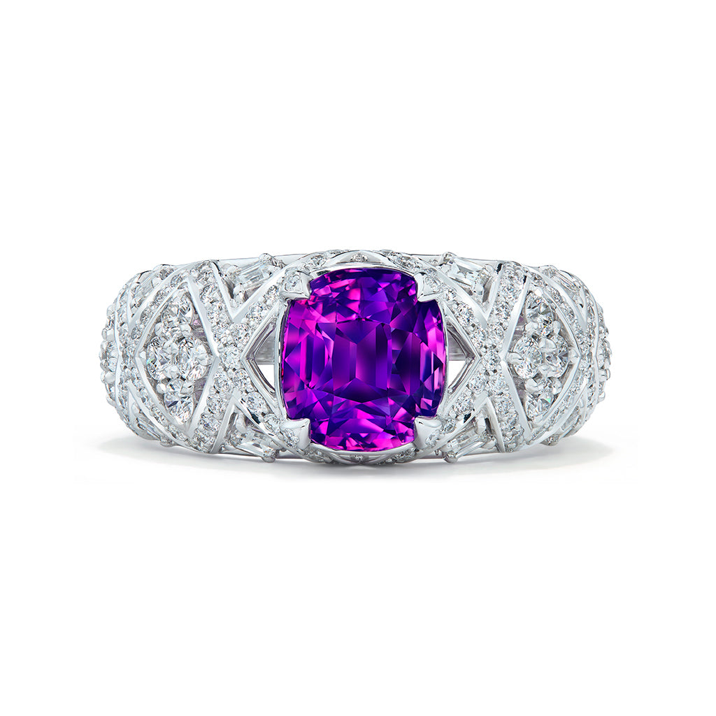 Unheated Didy Vivid Lavender Sapphire Ring with D Flawless Diamonds set in 18K White Gold