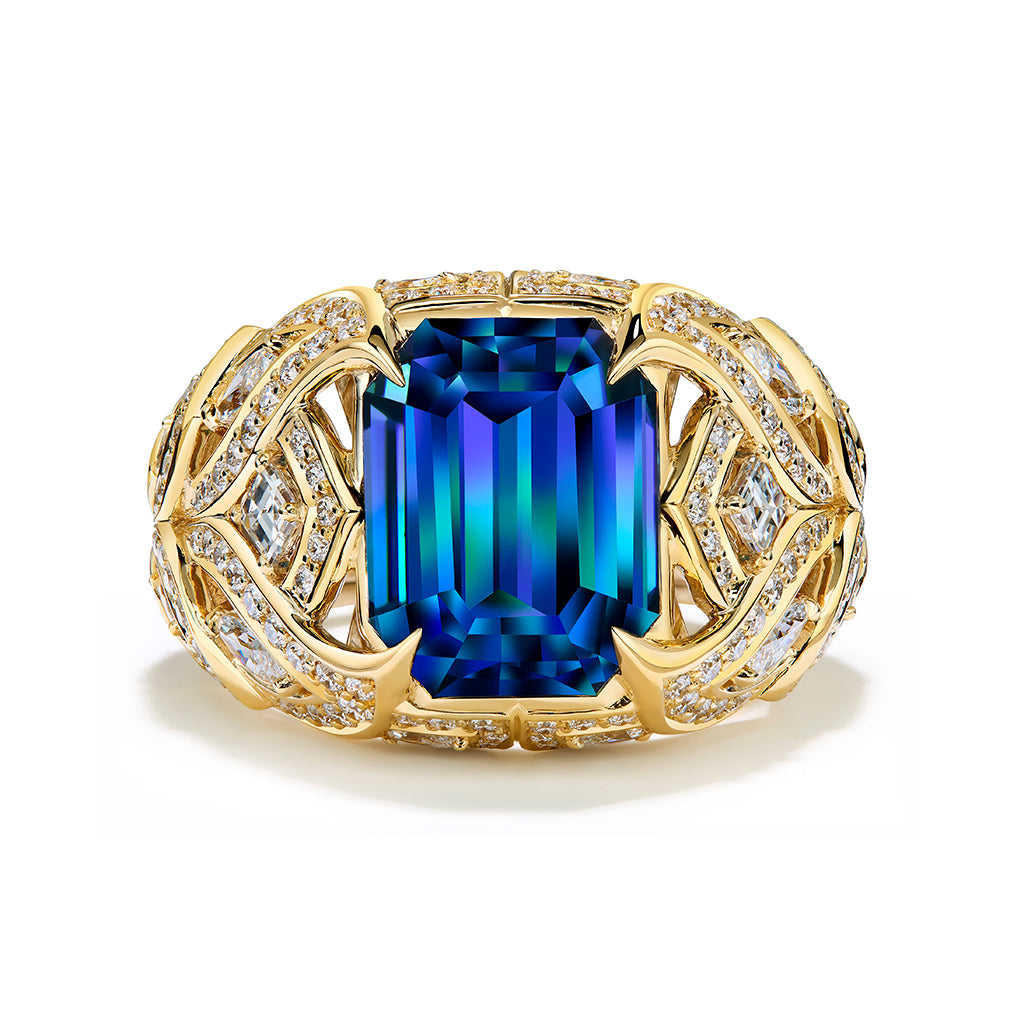 Vivid Color Change Zircon Ring with D Flawless Diamonds set in 18K Yellow Gold