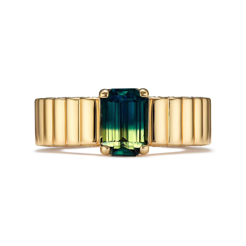Unheated Bi Color Australian Sapphire Ring with D Flawless Diamonds set in 18K Yellow Gold
